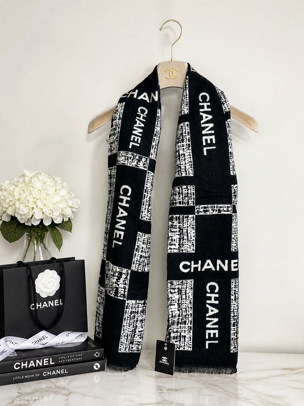 Chanel Black & White Cashmere Silk Scarf Wrap NEW GWP